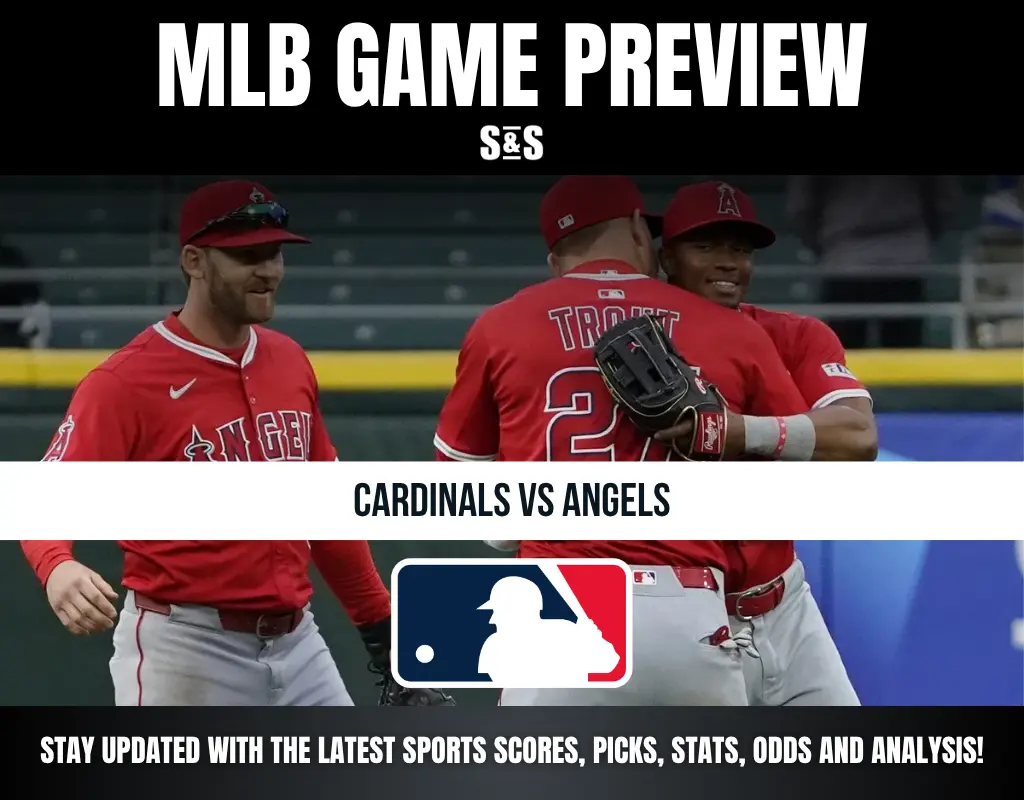 MLB Game Preview for Cardinals vs Angels featuring Angels players celebrating on the field, with sports update information.
