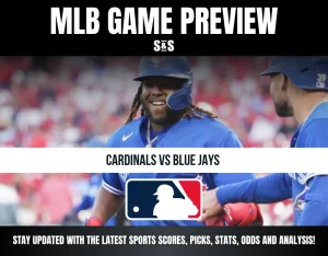 Alt text: MLB game preview for Cardinals vs Blue Jays featuring smiling Blue Jays players and the MLB logo.
