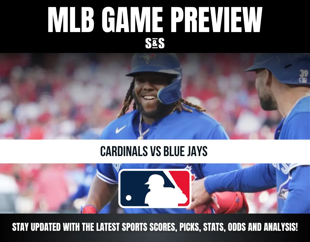 Alt text: MLB game preview for Cardinals vs Blue Jays featuring smiling Blue Jays players and the MLB logo.