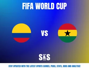 FIFA World Cup match preview showing Colombia vs Ghana with their flags on a blue and gold gradient background.