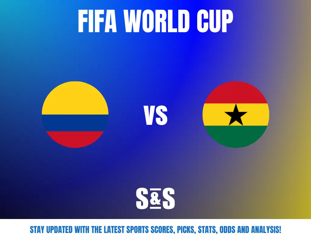 FIFA World Cup match preview showing Colombia vs Ghana with their flags on a blue and gold gradient background.