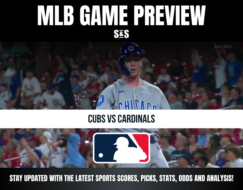 MLB game preview for Cubs vs Cardinals featuring a Chicago player and a crowd watching the match at a stadium.