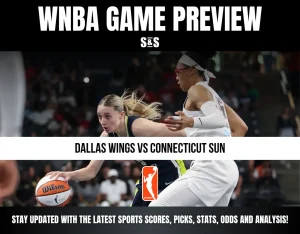 WNBA game preview featuring Dallas Wings vs Connecticut Sun players in action, promoting scores, picks, stats, odds, and analysis.