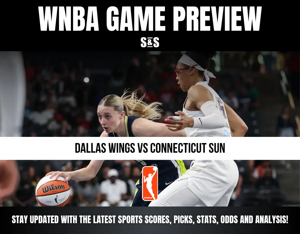 WNBA game preview featuring Dallas Wings vs Connecticut Sun players in action, promoting scores, picks, stats, odds, and analysis.