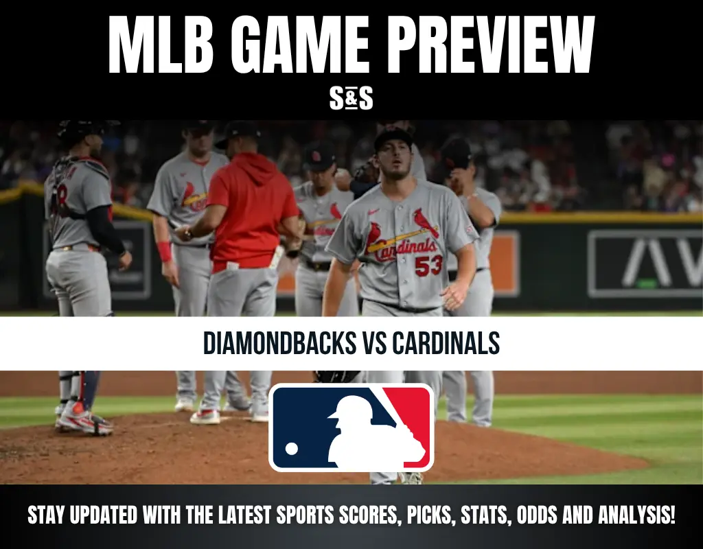 MLB game preview featuring Diamondbacks vs Cardinals, with Cardinals players gathered on the field and MLB logo displayed.