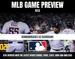 MLB game preview for Diamondbacks vs Guardians with players celebrating, including one with jersey name "Bell" and number 55.
