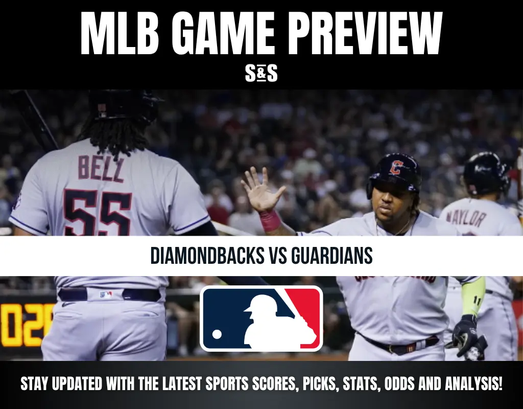 MLB game preview for Diamondbacks vs Guardians with players celebrating, including one with jersey name "Bell" and number 55.