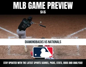 Baseball game preview graphic for Diamondbacks vs Nationals with a batter hitting the ball and MLB logo.