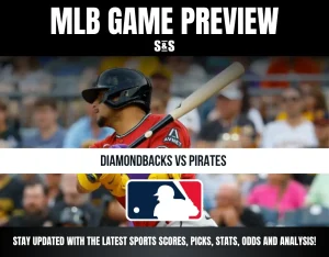 MLB game preview featuring Diamondbacks vs Pirates with a batter in red uniform and the MLB logo. Stay updated with scores and analysis.