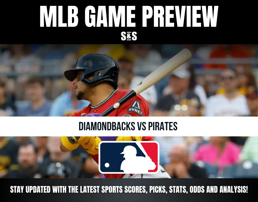 MLB game preview featuring Diamondbacks vs Pirates with a batter in red uniform and the MLB logo. Stay updated with scores and analysis.