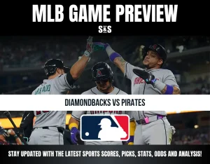 MLB game preview featuring Diamondbacks players celebrating, promoting a matchup against the Pirates with scores, picks, and stats updates.