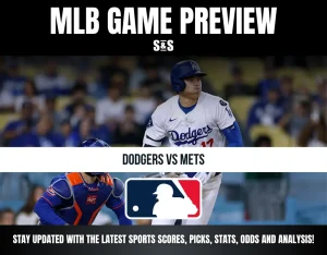 MLB game preview featuring Dodgers vs Mets with a batter at the plate and catcher in gear, plus sports updates and analysis.