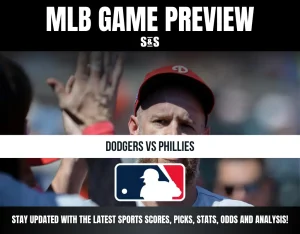 MLB game preview featuring Dodgers vs Phillies with a baseball player giving a high five in the background.