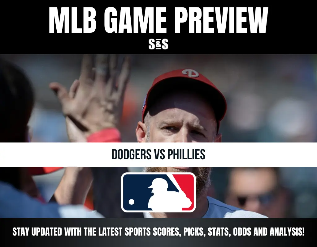 MLB game preview featuring Dodgers vs Phillies with a baseball player giving a high five in the background.