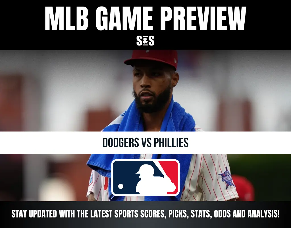MLB game preview for Dodgers vs Phillies featuring a player in Phillies uniform with a towel around his neck and MLB logo below.