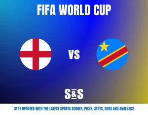 FIFA World Cup match graphic showing England vs Democratic Republic of the Congo flags on a blue and gold gradient background.