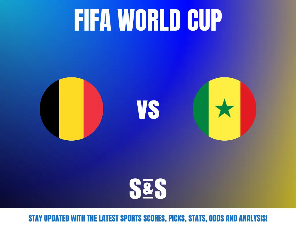 FIFA World Cup match announcement featuring Belgium vs Senegal, with a blue and yellow gradient background and sports update promotion.