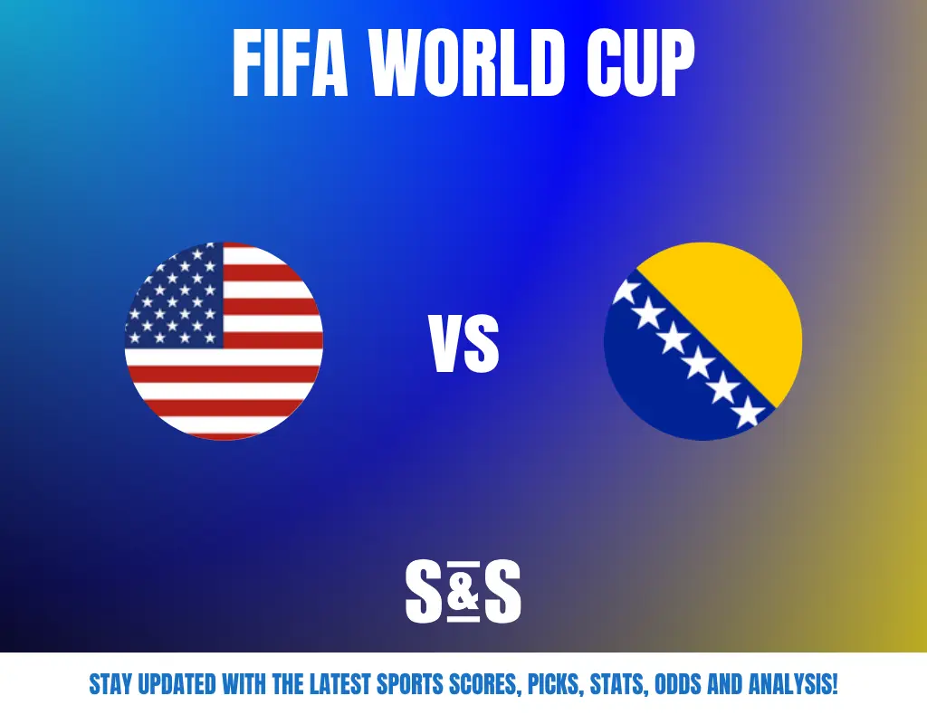 FIFA World Cup match announcement showing USA vs Bosnia and Herzegovina flags on a blue gradient background with sports update prompt.