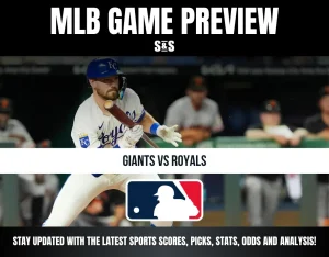 Baseball player from Kansas City Royals bunting in a game preview for Giants vs Royals, with MLB logo and sports update text.