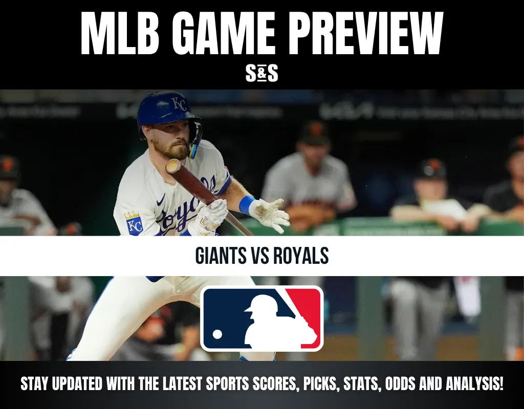 Baseball player from Kansas City Royals bunting in a game preview for Giants vs Royals, with MLB logo and sports update text.