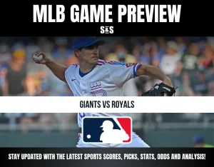 Baseball pitcher in Royals uniform mid-pitch for MLB game preview: Giants vs Royals, with MLB logo and sports update text.