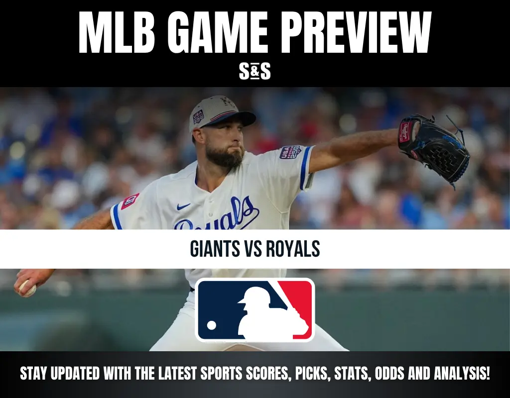 MLB game preview for Giants vs Royals featuring a Royals pitcher in mid-throw, with MLB logo and sports update info.