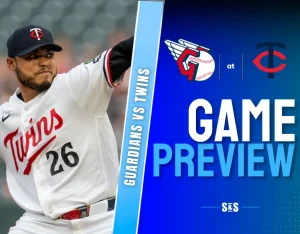 Guardians vs Twins Game Preview featuring a pitcher in a baseball uniform.