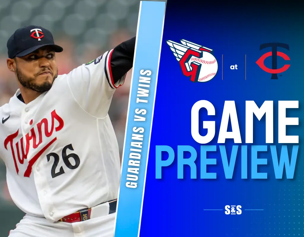 Guardians vs Twins Game Preview featuring a pitcher in a baseball uniform.