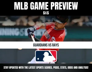 MLB game preview showing a batter in a red Guardians uniform for the Guardians vs Rays matchup with the MLB logo.