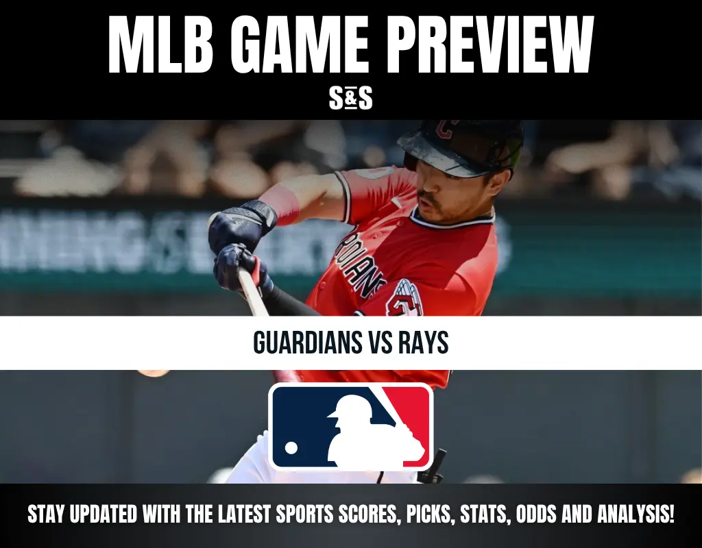 MLB game preview showing a batter in a red Guardians uniform for the Guardians vs Rays matchup with the MLB logo.