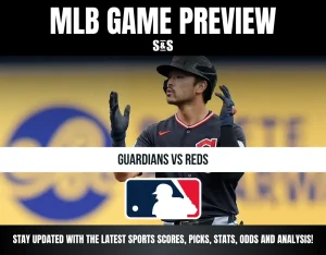 MLB game preview featuring a Guardians player, highlighting the Guardians vs Reds matchup with the MLB logo.