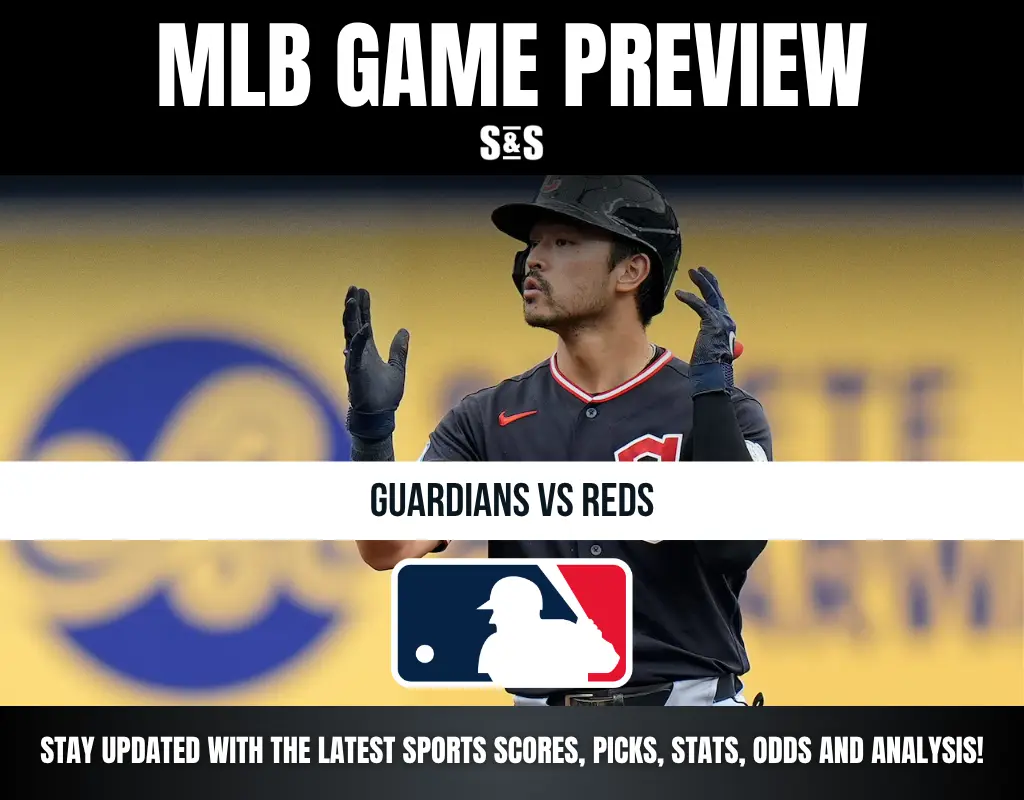 MLB game preview featuring a Guardians player, highlighting the Guardians vs Reds matchup with the MLB logo.