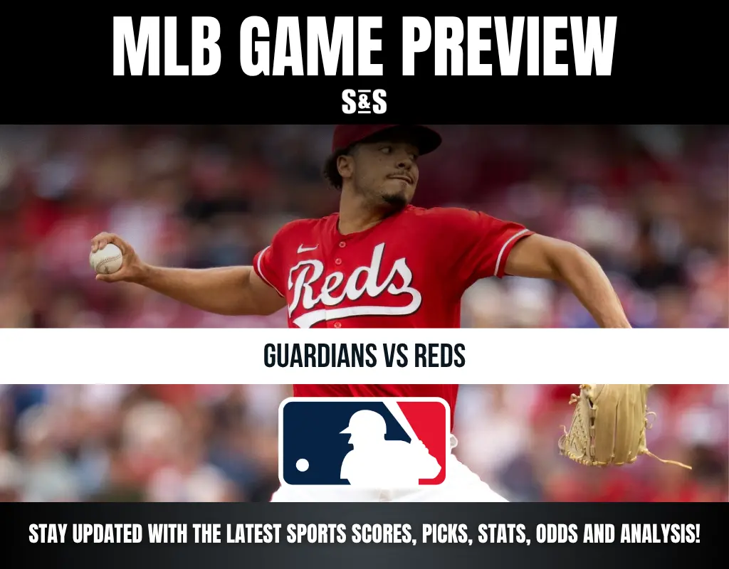 MLB game preview for Guardians vs Reds featuring a Reds pitcher in mid-throw with MLB logo and sports update text.