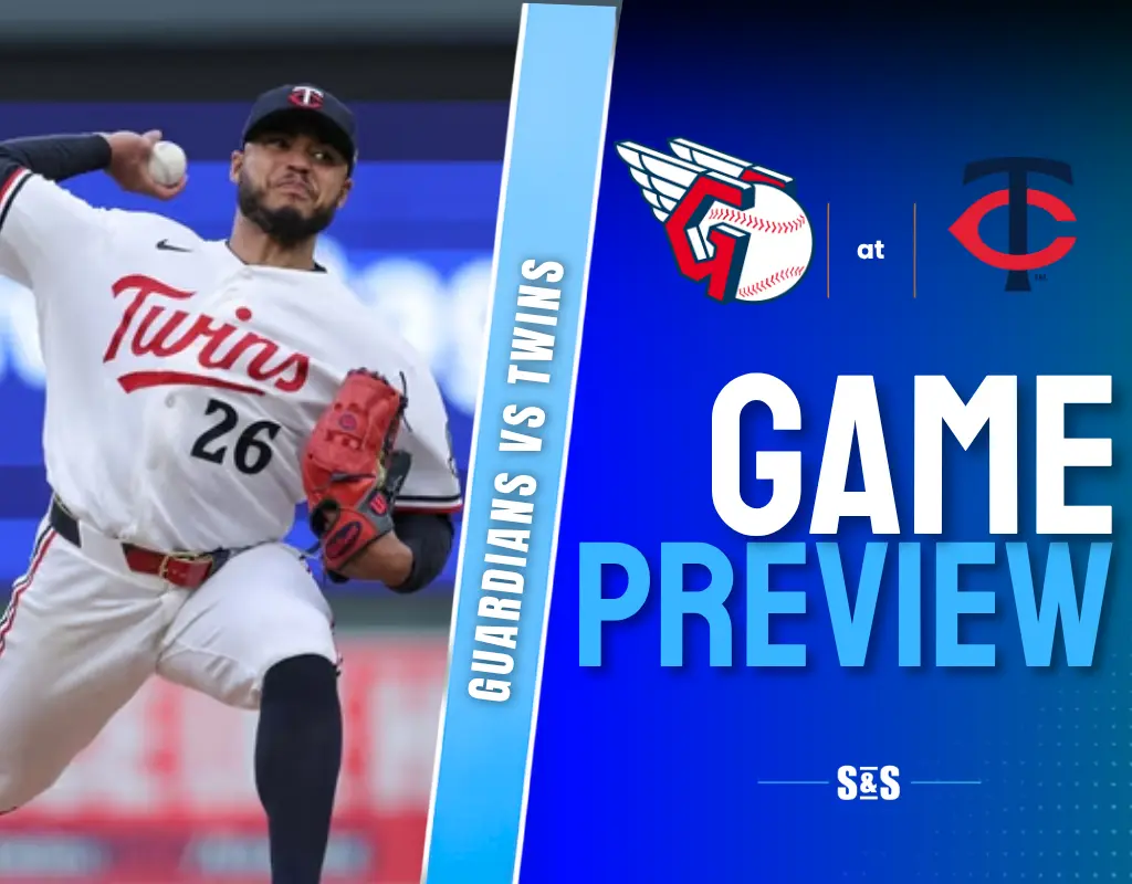 Guardians vs Twins game preview with an image of a pitcher in a Twins uniform.