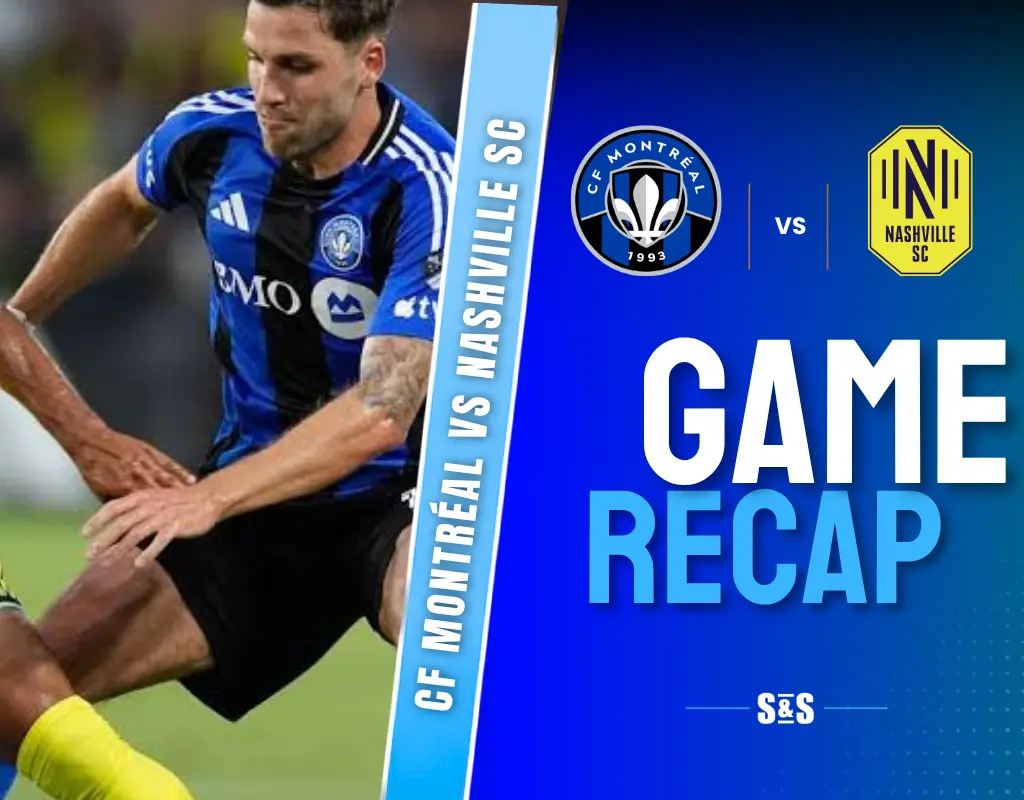 Soccer player from CF Montréal in blue and black jersey competes, with CF Montréal vs Nashville SC logos and "Game Recap" text on the right.