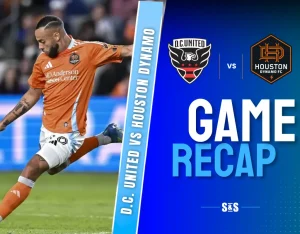 Soccer player in orange Houston Dynamo uniform kicking ball during D.C. United vs Houston Dynamo game recap graphic.