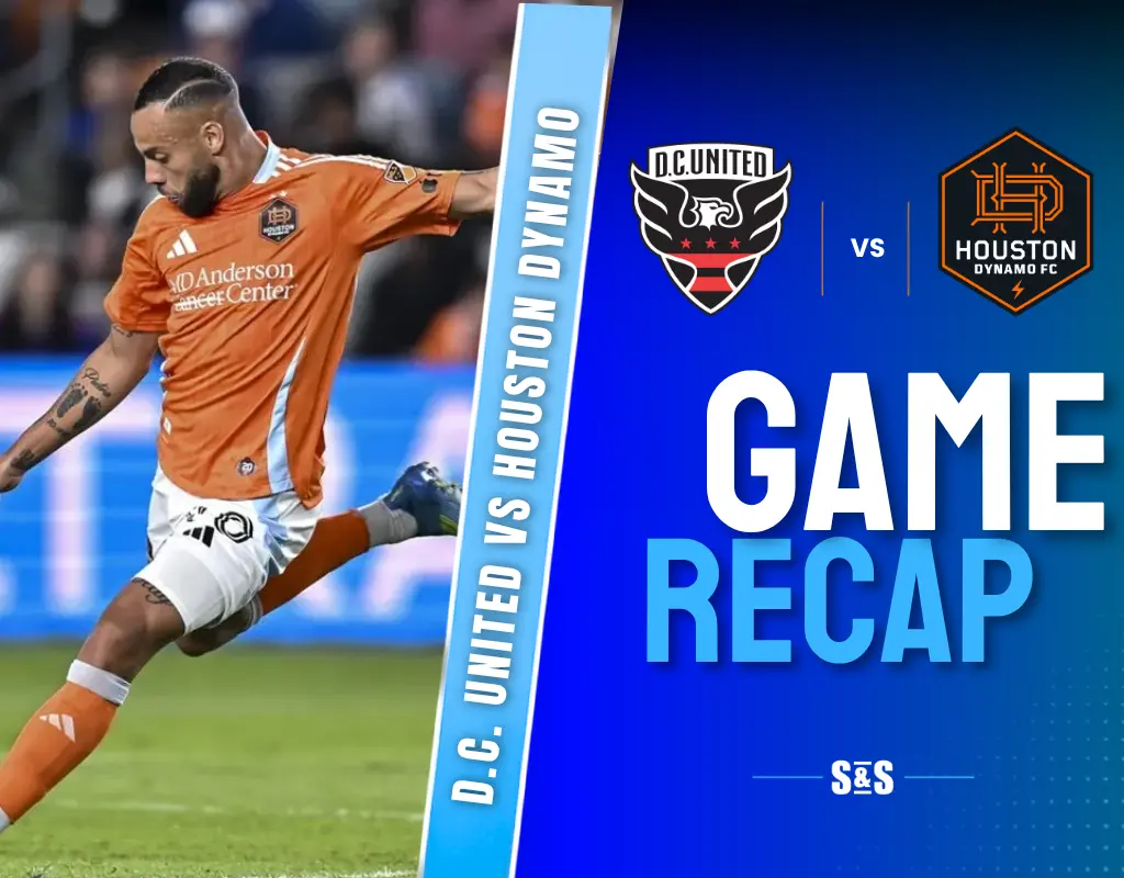Soccer player in orange Houston Dynamo uniform kicking ball during D.C. United vs Houston Dynamo game recap graphic.