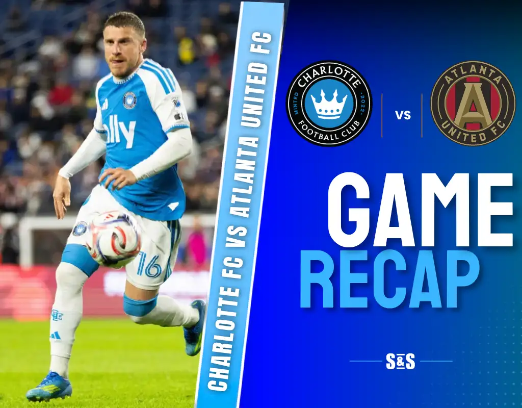 Soccer player in blue and white kit from Charlotte FC in action, with Charlotte FC vs Atlanta United FC game recap text and team logos.