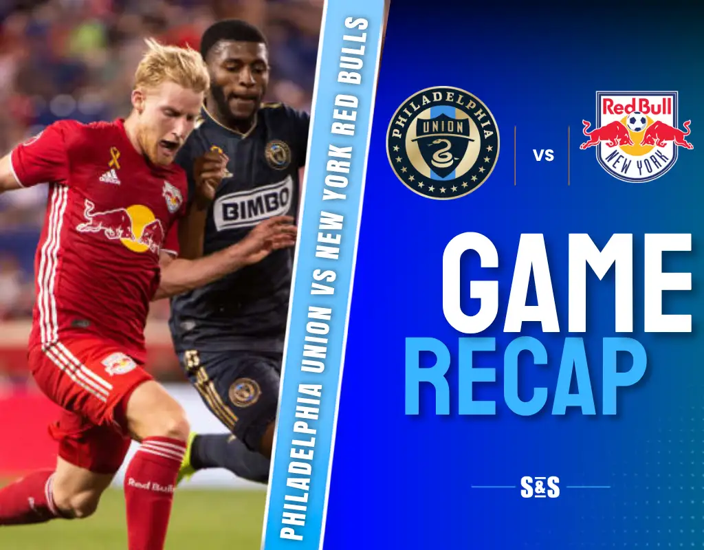 Two soccer players, one in red and one in dark blue, compete for the ball; Philadelphia Union and New York Red Bulls logos with "Game Recap" text.