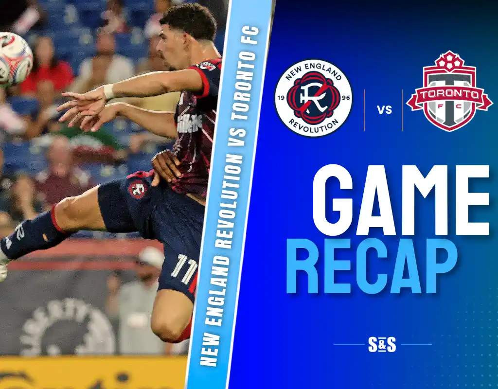 Soccer player in action during New England Revolution vs Toronto FC match, with team logos and "Game Recap" text on blue background.