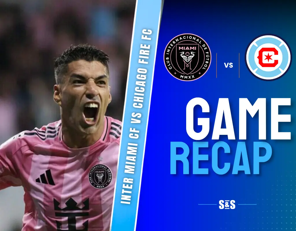 Soccer player celebrating during Inter Miami CF vs Chicago Fire FC match with team logos and "Game Recap" text on blue background.