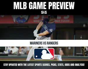 Baseball player in a Mariners uniform hitting a pitch, with text previewing the Mariners vs Rangers MLB game.