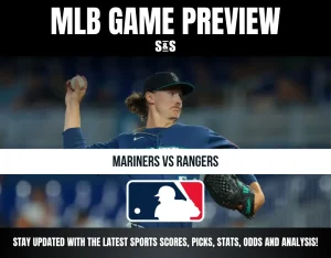 MLB Game Preview: Mariners vs Rangers featuring a pitcher mid-throw, MLB logo, and update on scores, picks, stats, odds, and analysis.