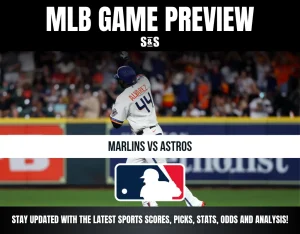 MLB game preview for Marlins vs Astros featuring a player in a white Astros uniform swinging a bat during a night game.