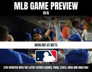 Baseball game preview for Marlins vs Mets featuring players celebrating a play in the dugout with MLB logo.