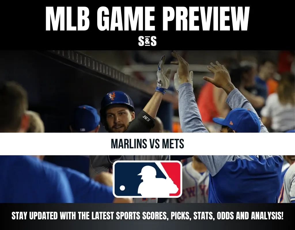Baseball game preview for Marlins vs Mets featuring players celebrating a play in the dugout with MLB logo.