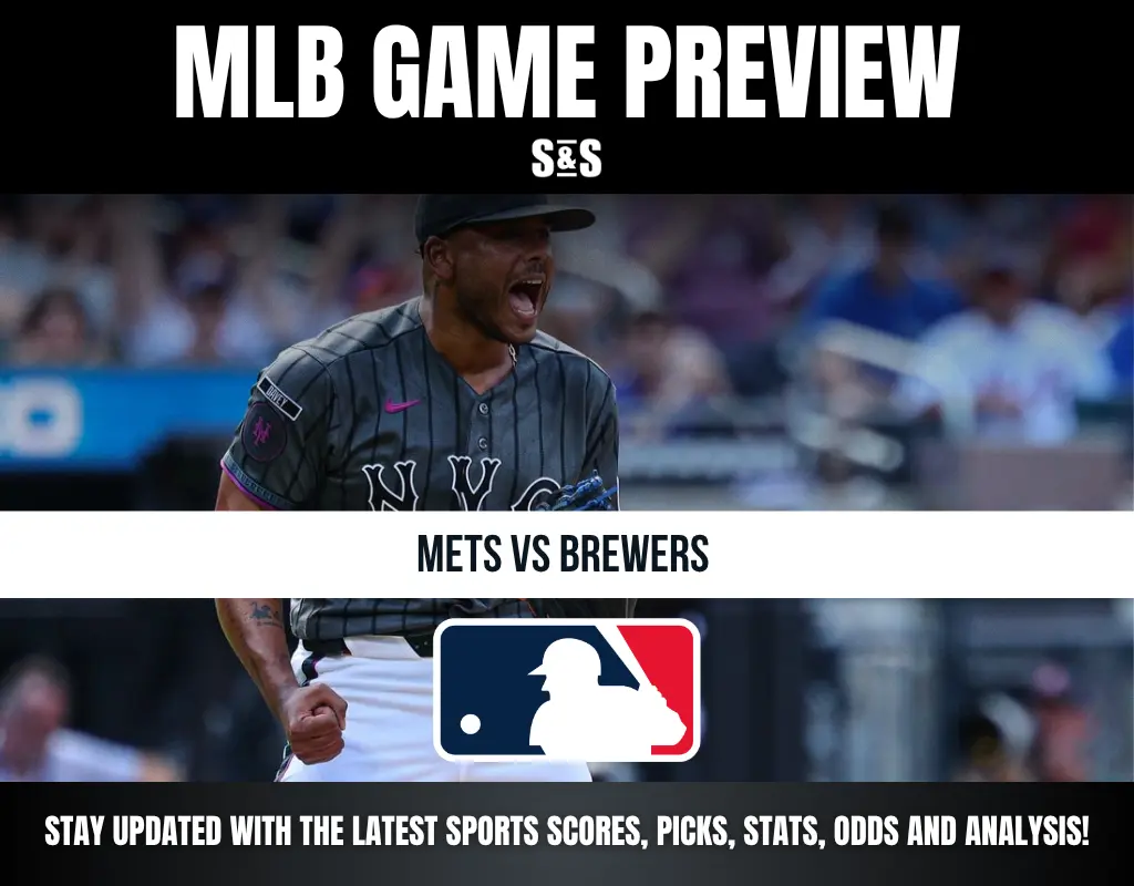MLB game preview for Mets vs Brewers, featuring a player in a NYC gray pinstripe jersey celebrating on the field.