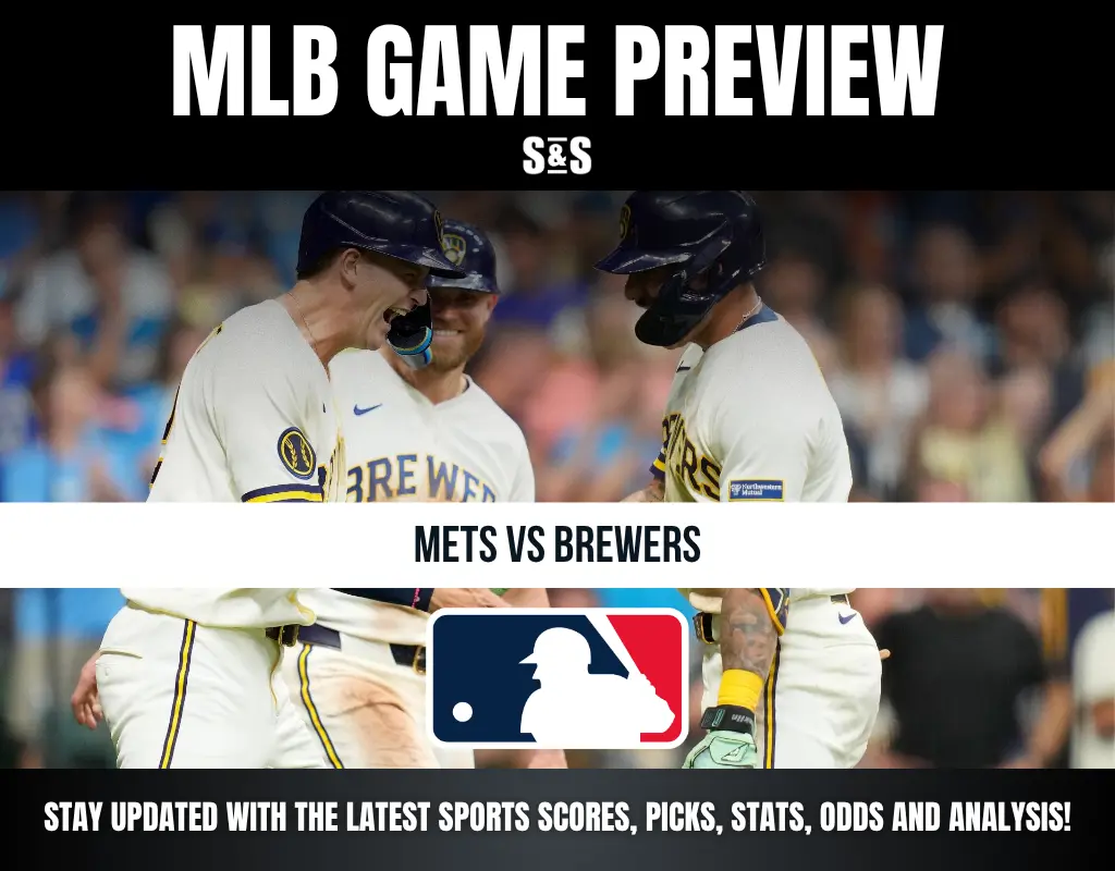 MLB game preview for Mets vs Brewers featuring players celebrating on the field with MLB logo and sports updates.