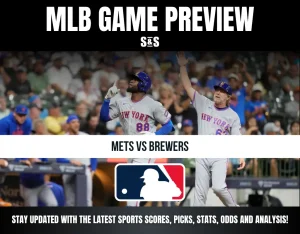 MLB game preview for Mets vs Brewers featuring two New York Mets players celebrating during a game with fans in the background.