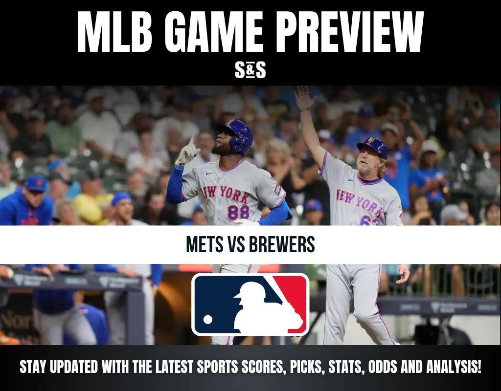 MLB game preview for Mets vs Brewers featuring two New York Mets players celebrating during a game with fans in the background.